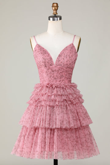 Lindo A Line Spaghetti Straps Blush Homecoming Vestido con volantes